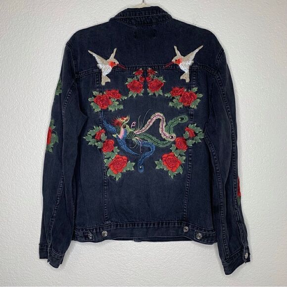 Pacsun Women’s Size Medium Black Denim Embroidered Jacket - Picture 6 of 13
